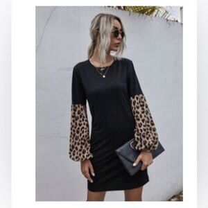 Black Shirt Dress with Leopard Print Sleeves